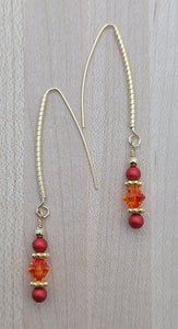 Fancy long fish hook Red & Fire Opal Crystal, &  Crystal Pearls Earrings 