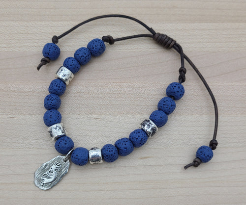 Kokopelli & Blue Lava Rock Leather Slider Bracelet