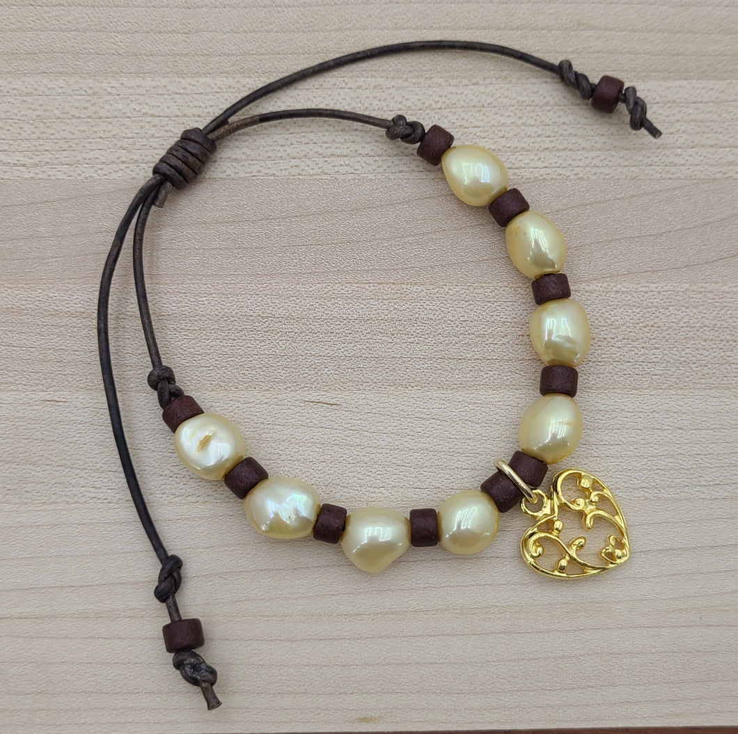 Yellow Pearls & Gold Heart Leather Slider Bracelet