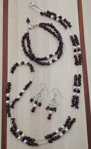 Garnet, FW Pearls, & Crystal Rope Necklace, Bracelet, & Earrings