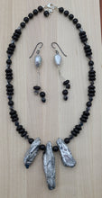 Metallic Silver Quartz Shard, Obsidian, & Onyx Necklace & Pearl Earrings