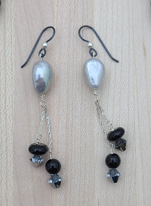 MetallicFreshwater Pearl, Obsidian, & Onyx Earrings