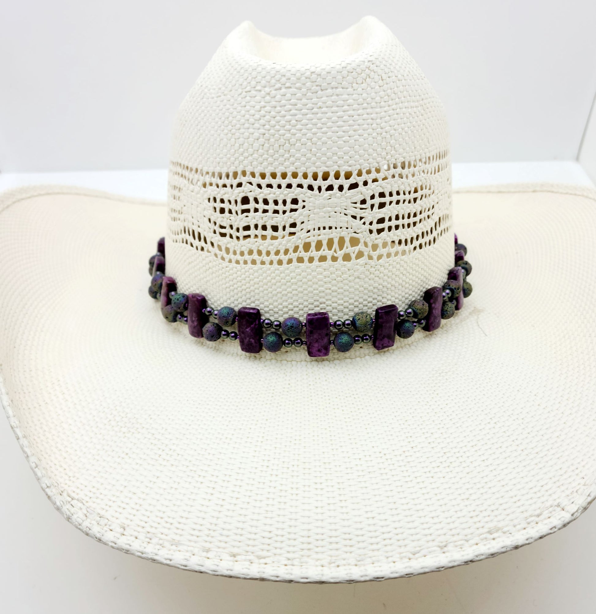 hatband combines deep purple crazy lace agate, iridescent lava stone, crystal pearls, Toho seed beads, sterling silver, & leather! Adjustable with a leather slider knot