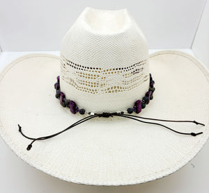 hatband combines deep purple crazy lace agate, iridescent lava stone, crystal pearls, Toho seed beads, sterling silver, & leather! Adjustable with a leather slider knot