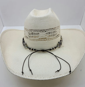 This hatband combines porcelain jasper, botswana agate, hematite, & leather! Adjustable by a leather slider knot.