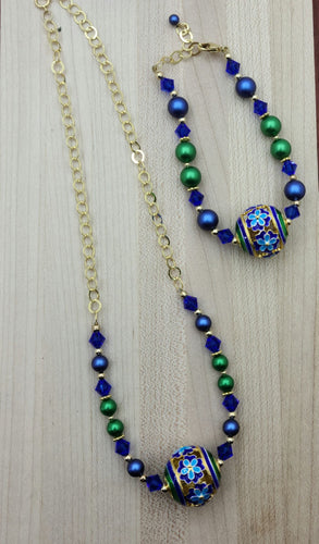 Cloisonné Blue Flowers Necklace, Bracelet, & Earrings