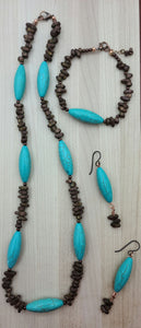 Turquoise Howlite Tubes & Hematite mat bronze chips Necklace, Bracelet, & Earrings
