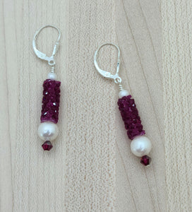 Fuchsia Crystal Rocks & FW Pearls Earrings