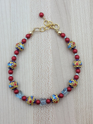 Multi-Color Cloisonné & Red Pearl Bracelet