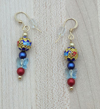 Multi-Color Cloisonné & Red Pearl Earrings
