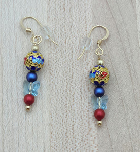 Multi-Color Cloisonné & Red Pearl Earrings