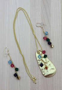 Gold Pewter & Multi-colored Crystal Pendant Necklace & Earrings