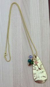 Gold Pewter Teardrop  & multi-colored Crystal Pendant Necklace