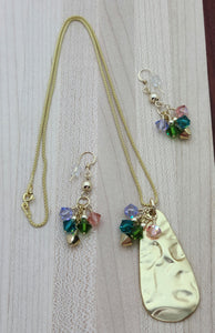 Gold Pewter Teardrop  & multi-colored Crystal Pendant Necklace & Earrings