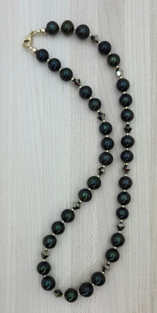 Very nice deep green pearls, aurum (latin for gold) crystals, champagne Miyuki delica, & gold filled findings necklace