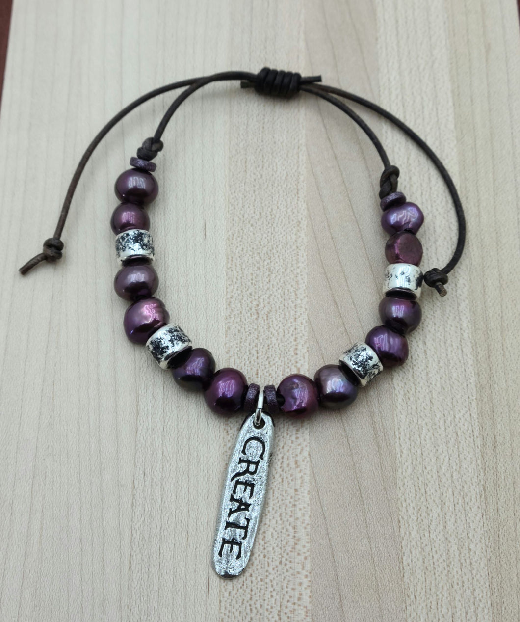 Create & Purple Pearl Leather Slider Bracelet