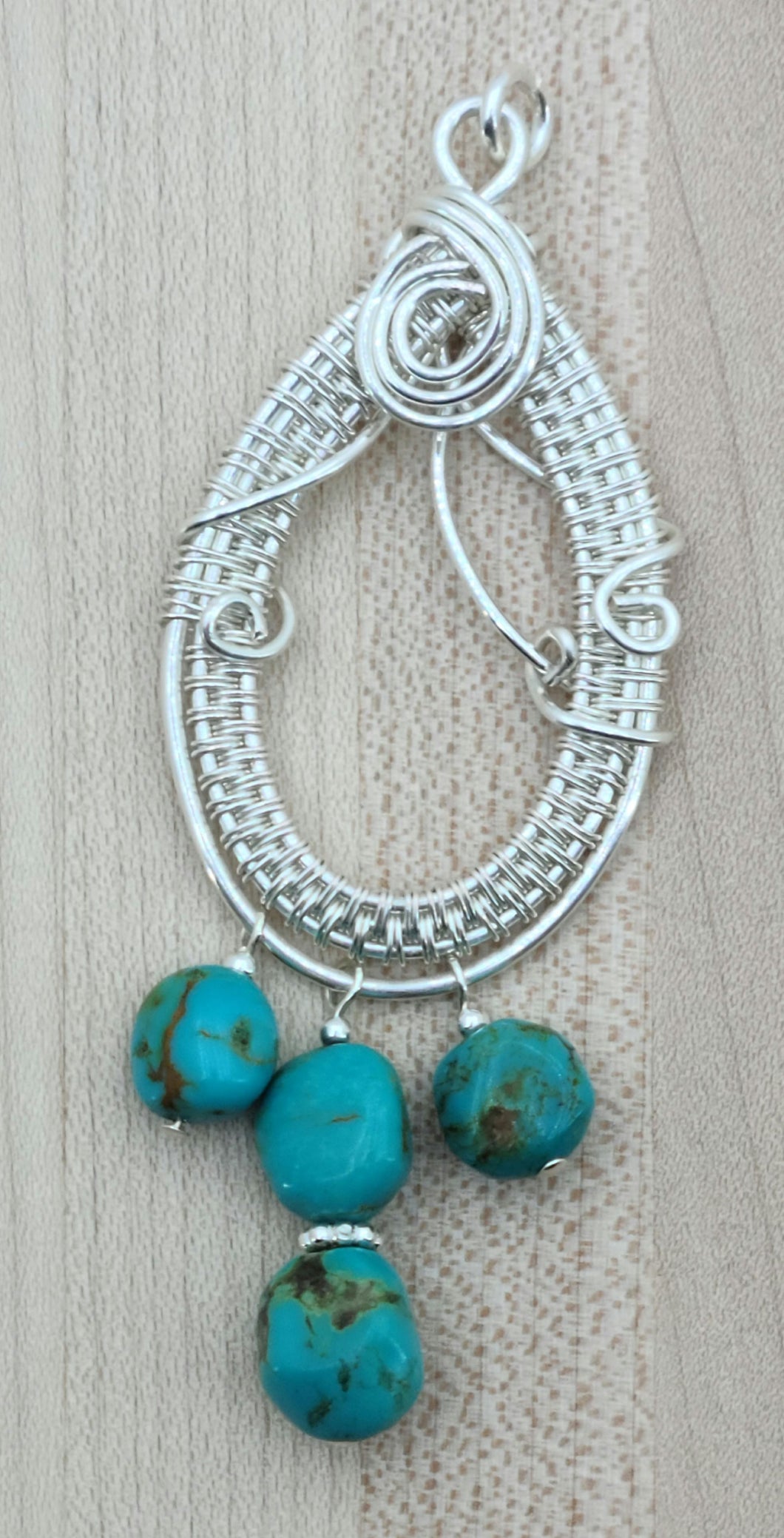 Woven Wire Turquoise Nuggets on Silver Statement Pendant