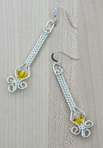Woven Wire Citrine Yellow Crystal Column Earrings