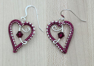 Woven Wire Ruby Hearts & Crystal Earrings
