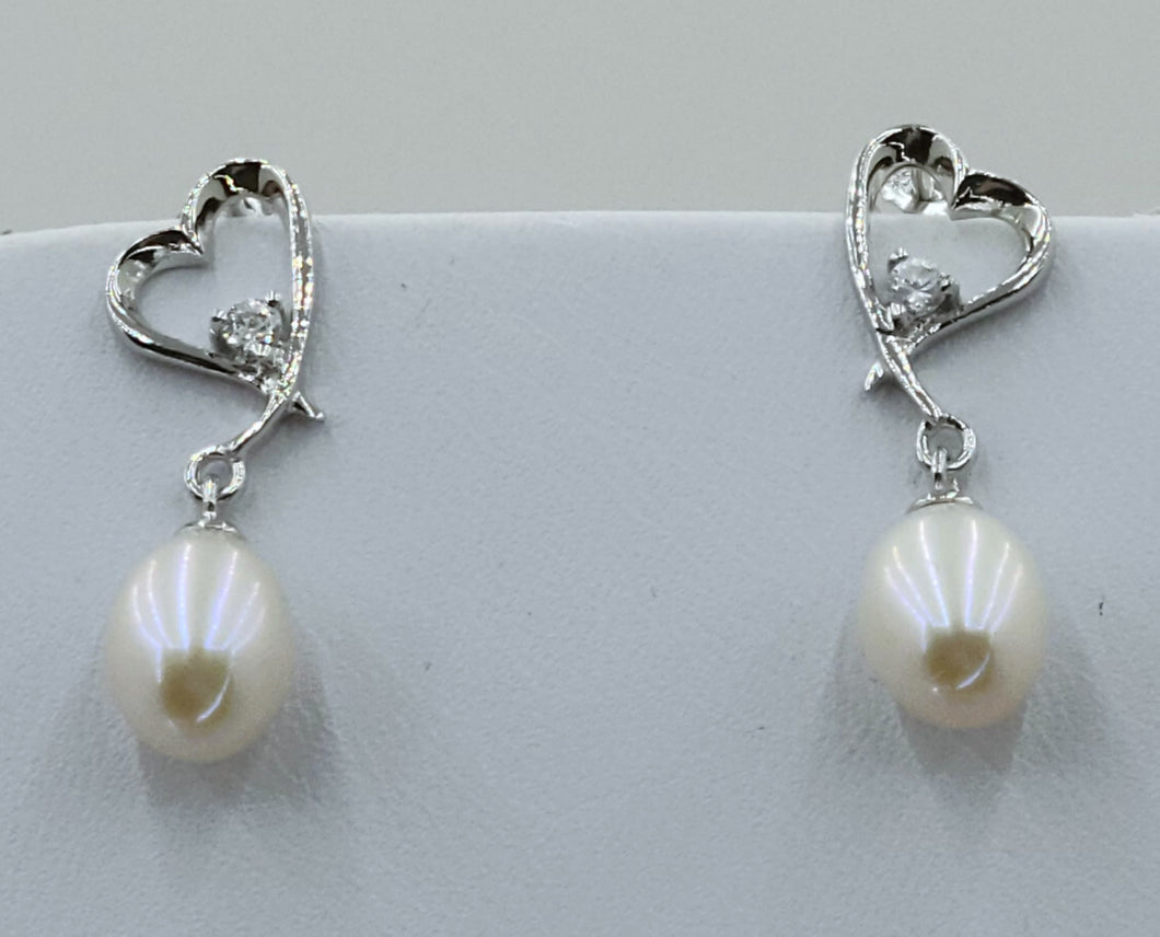 Pearl on Heart with CZs Earrings