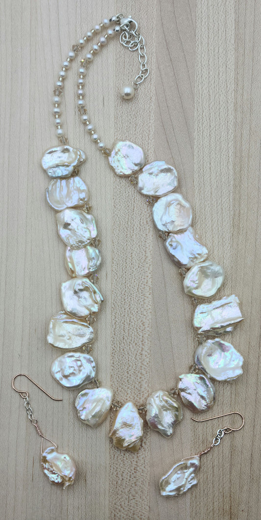 Peach Cornflake Keshi Pearl Necklace & Earrings