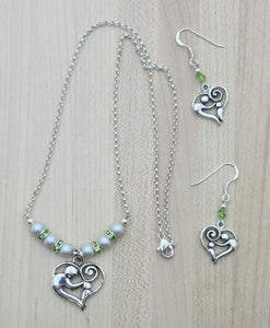Mother & Child Heart with Dove Grey & Peridot Necklace & Earrings