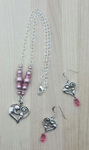 Mother & Child Heart with Rose Crystal Pearls Necklace & Earrings