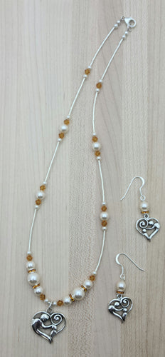 Mother & Child Heart with Topaz & Creamrose Necklace & Earrings