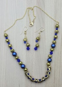 Ornate Gold Tube & Blue Crystal Necklace & Earrings