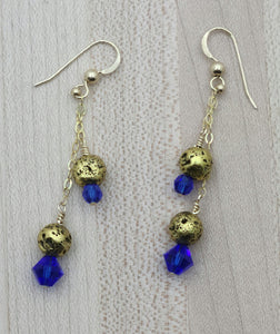 Gold Lava Stone & Blue Crystal fish hook earrings