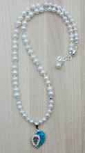 Blue Opal Heart on Pearls Necklace