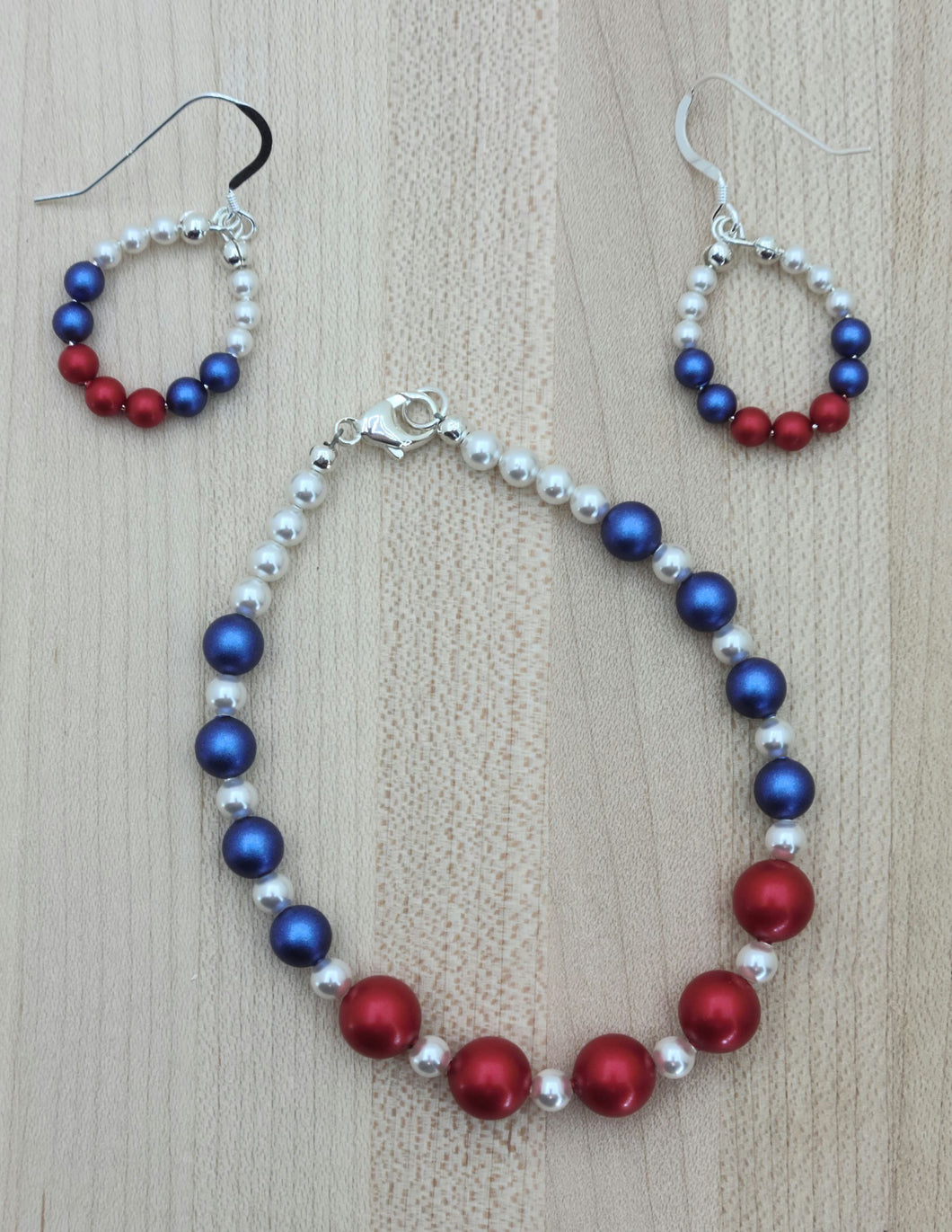 Red/Blue/White Crystal Pearl Bracelet & Earrings