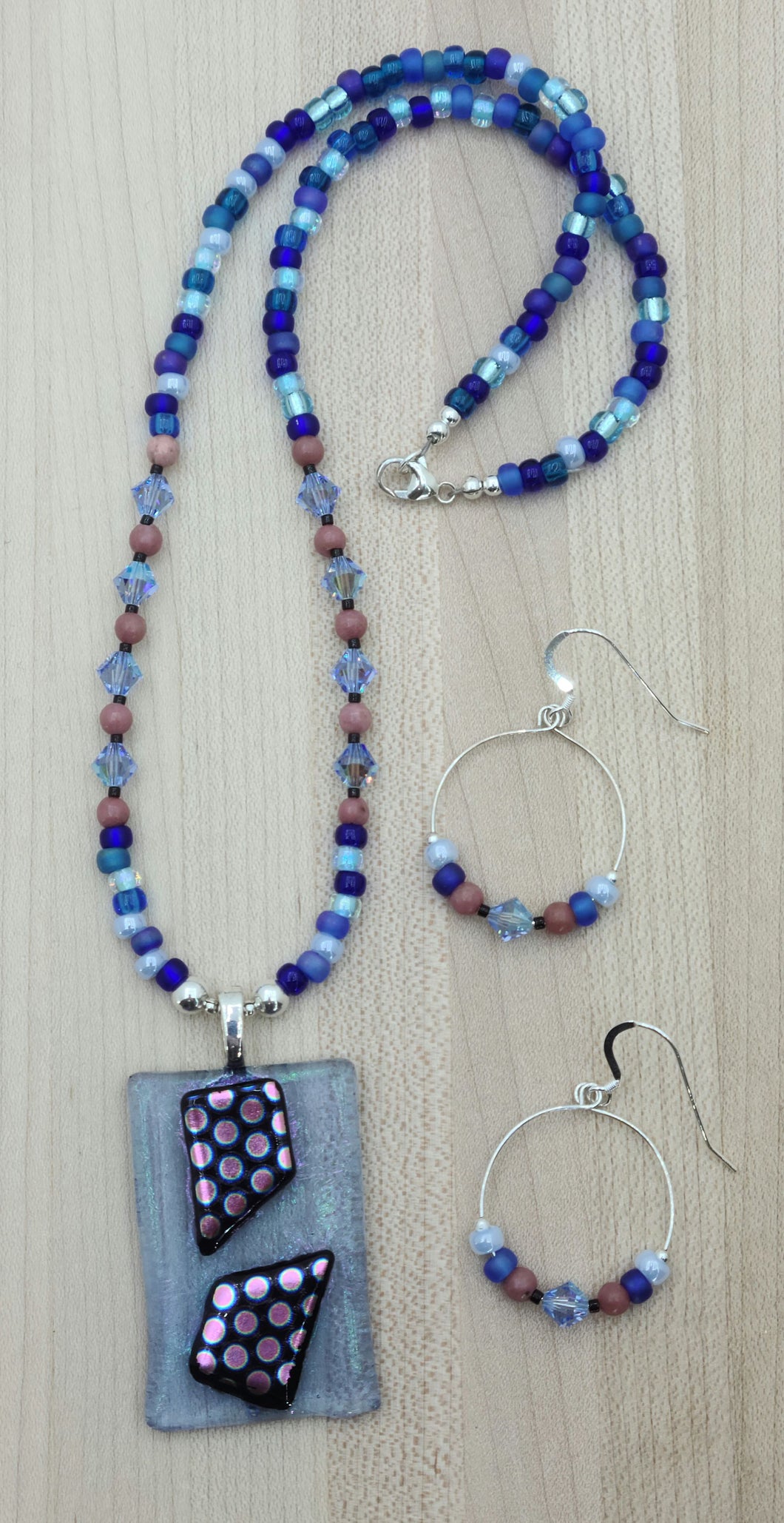 Pink Dots Fused Glass w/Blueberry Miyuki Necklace & Earrings
