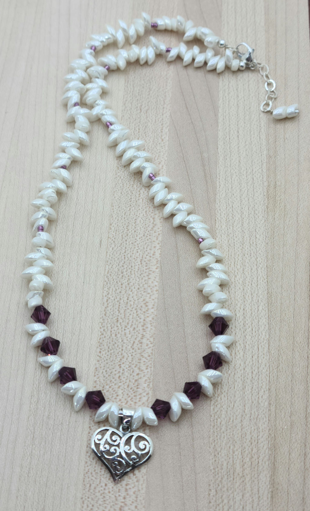 Ivory Magatama Beads & Amethyst Crystal Necklace with heart