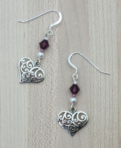Heart, pearl, & amethyst crystal earrings