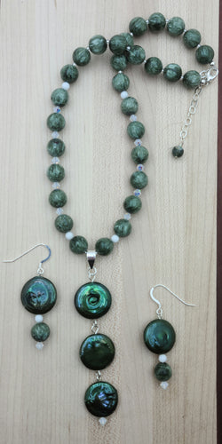 Seraphinite & Coin Pearls Necklace & Earrings