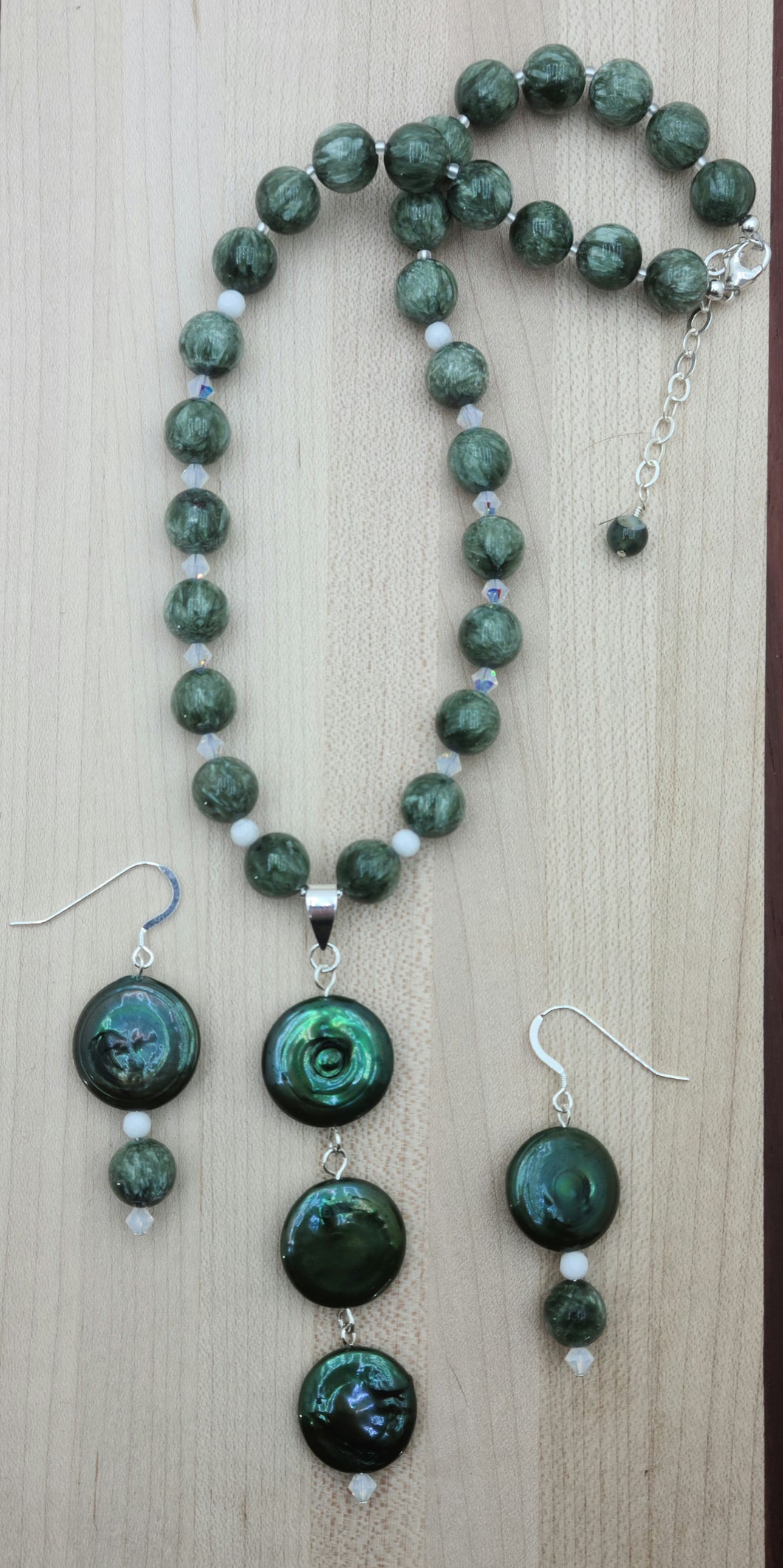 Seraphinite & Coin Pearls Necklace & Earrings
