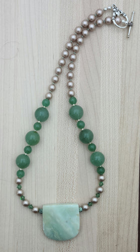 Amazonite Banner, aventurine, crystal pearl, & crystal Necklace