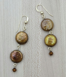 Bronze Coin Pearl & Amber Crystal Earrings