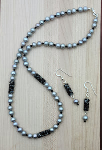 Silver Pearls & Black Crystals Necklace & Earrings