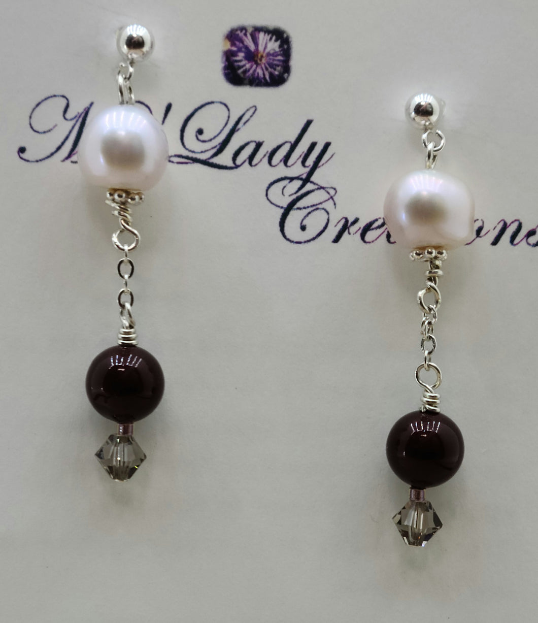 Pink FW pearl & maroon crystal pearl earrings