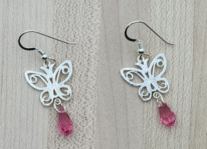 Delicate & intricate butterflies 'hover' over rose colored crystals* in these lovely, lovely earrings.