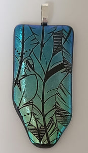 Teal Feathers Fused Glass Pendant