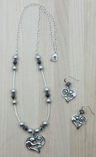 Silver Mother & Child Heart Necklace & Earrings