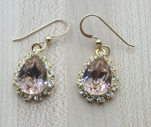 Vintage Rose & Crystal  Framed Gold Teardrop Earrings