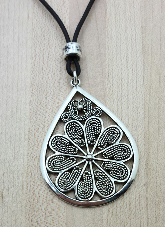 Pewter Large Teardrop Flower Necklace