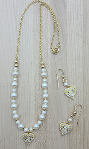 CZ Gold Heart on Pearls Necklace & Earrings