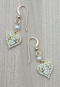 CZ Gold Heart on Pearls Earrings
