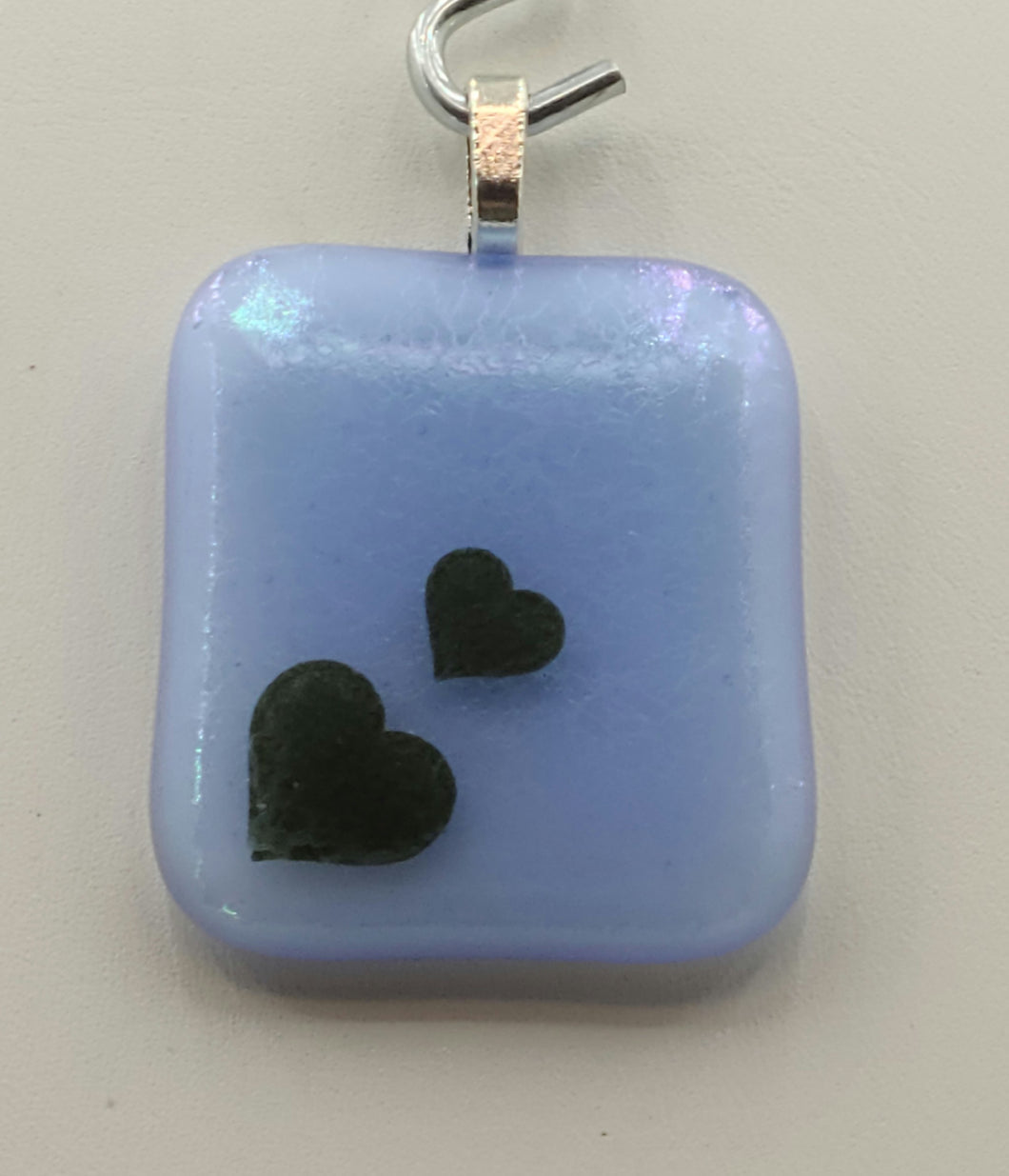 Iridescent Blue with Hearts Fused Glass Pendant