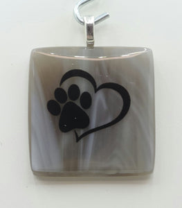 Heart Paw on Streaky Brown Fused Glass Pendant